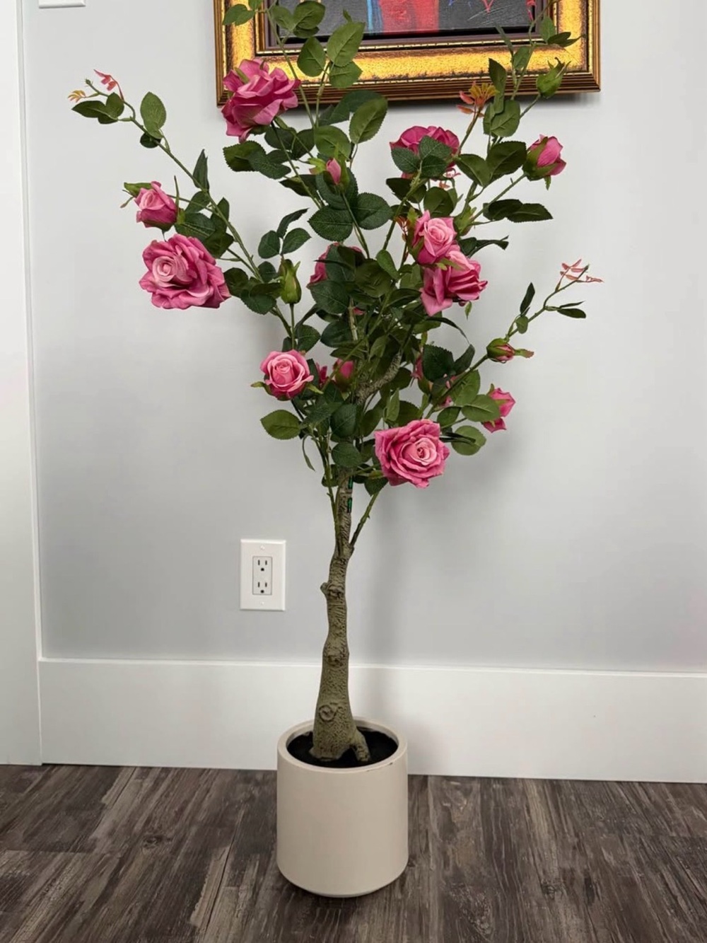 Pink Artificial Rose Tree in Cream Planter - Home Accents